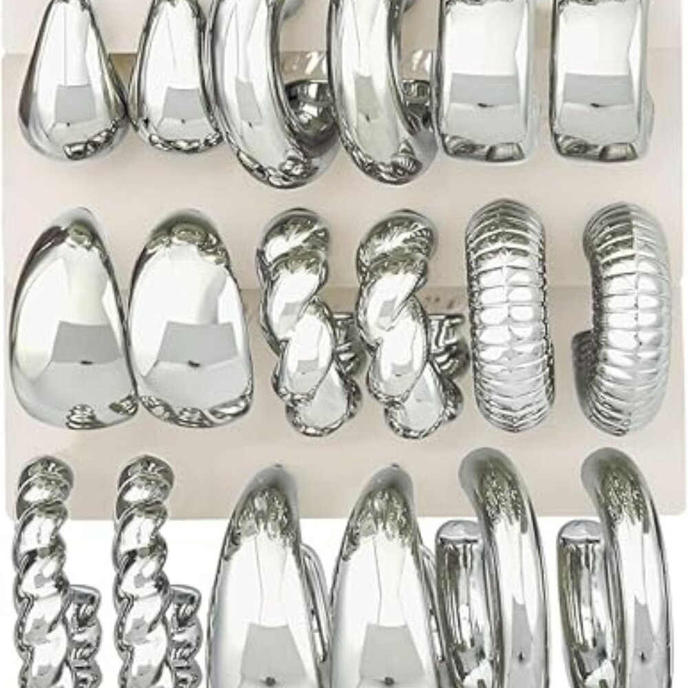 12 Pairs Chunky Silver Hoop Earrings Lightweight Hypoallergenic